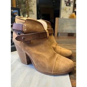 Rag Bone New York Tan Leather Ankle Boots Buckle Heel Block‎ Women Sz 37 or US 7